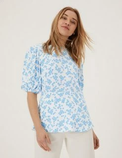 Cheap 👍 M&S Collection Tops Floral Round Neck Puff Sleeve Top 🛒 -New In Womens Sales 2022 SD 01 T43 5396 Z4 X EC 2