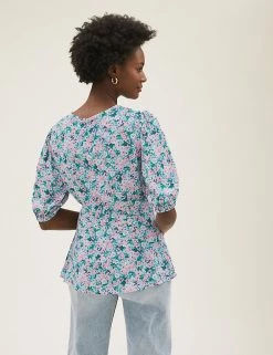 Discount 🌟 M&S Collection Women Floral Print Puff Sleeve Top 🔥 -New In Womens Sales 2022 SD 01 T43 5404 E4 X EC 3