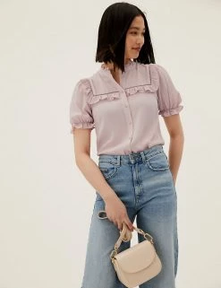 Discount 🥰 M&S Collection 👚 Shirts & Blouses Frill Neck Puff Sleeve Blouse 🌟 -New In Womens Sales 2022 SD 01 T43 5406 A0 X EC 1