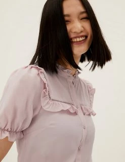 Discount 🥰 M&S Collection 👚 Shirts & Blouses Frill Neck Puff Sleeve Blouse 🌟 -New In Womens Sales 2022 SD 01 T43 5406 A0 X EC 2
