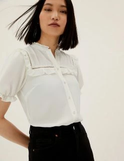 Discount 🥰 M&S Collection 👚 Shirts & Blouses Frill Neck Puff Sleeve Blouse 🌟 -New In Womens Sales 2022 SD 01 T43 5406 K1 X EC 0