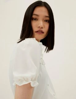 Discount 🥰 M&S Collection 👚 Shirts & Blouses Frill Neck Puff Sleeve Blouse 🌟 -New In Womens Sales 2022 SD 01 T43 5406 K1 X EC 3
