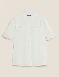 Discount 🥰 M&S Collection 👚 Shirts & Blouses Frill Neck Puff Sleeve Blouse 🌟 -New In Womens Sales 2022 SD 01 T43 5406 K1 X EC 90