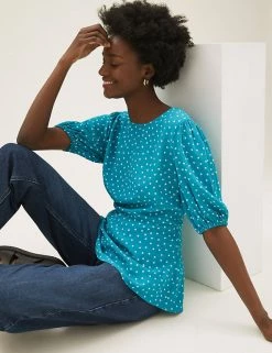 Best reviews of ⌛ M&S Collection Tops Printed Round Neck Puff Sleeve Top 🔥