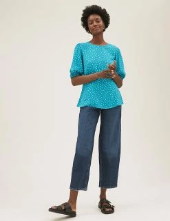 Best reviews of ⌛ M&S Collection Tops Printed Round Neck Puff Sleeve Top 🔥 -New In Womens Sales 2022 SD 01 T43 5433 H4 X EC 1