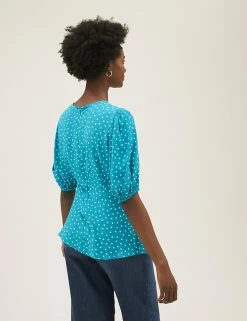 Best reviews of ⌛ M&S Collection Tops Printed Round Neck Puff Sleeve Top 🔥 -New In Womens Sales 2022 SD 01 T43 5433 H4 X EC 3