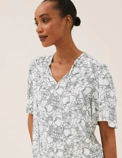 New 👏 M&S Collection 👚 Shirts & Blouses Floral Tie Neck Short Sleeve Popover Blouse 🛒 -New In Womens Sales 2022 SD 01 T43 5553 Y8 X EC 2