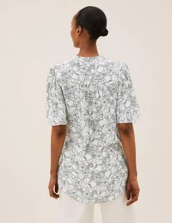New 👏 M&S Collection 👚 Shirts & Blouses Floral Tie Neck Short Sleeve Popover Blouse 🛒 -New In Womens Sales 2022 SD 01 T43 5553 Y8 X EC 3