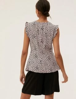 Promo 🔔 M&S Collection Tops Animal Print Frill Detail Sleeveless Top 😍 -New In Womens Sales 2022 SD 01 T43 5598 L4 X EC 3