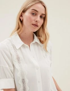 Flash Sale 🥰 M&S Collection 👕 Shirts & Blouses Collared Cutwork Detail Short Sleeve 👕 Shirt ✨ -New In Womens Sales 2022 SD 01 T43 5708 KY X EC 1