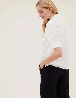 Flash Sale 🥰 M&S Collection 👕 Shirts & Blouses Collared Cutwork Detail Short Sleeve 👕 Shirt ✨ -New In Womens Sales 2022 SD 01 T43 5708 KY X EC 2