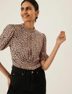 Buy 🔔 M&S Collection Tops Animal Print High Neck Puff Sleeve Top ✨ -New In Womens Sales 2022 SD 01 T43 5726 L4 X EC 2