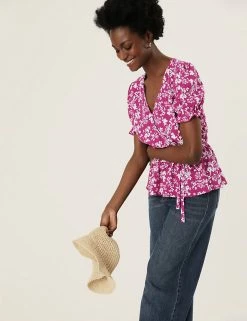 Cheapest 🎁 M&S Collection Tops Floral V-Neck Puff Sleeve Wrap Top ✔️