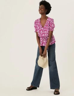 Cheapest 🎁 M&S Collection Tops Floral V-Neck Puff Sleeve Wrap Top ✔️ -New In Womens Sales 2022 SD 01 T43 5775 A4 X EC 1