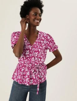 Cheapest 🎁 M&S Collection Tops Floral V-Neck Puff Sleeve Wrap Top ✔️ -New In Womens Sales 2022 SD 01 T43 5775 A4 X EC 2