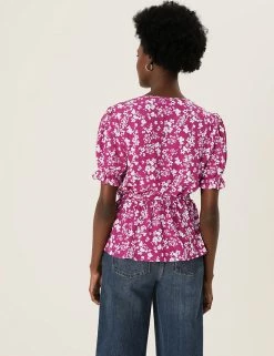 Cheapest 🎁 M&S Collection Tops Floral V-Neck Puff Sleeve Wrap Top ✔️ -New In Womens Sales 2022 SD 01 T43 5775 A4 X EC 3