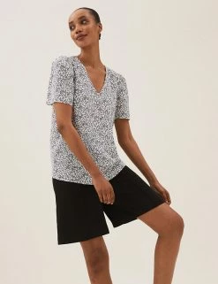 Best Pirce 👍 M&S Collection Tops Printed V-Neck Puff Sleeve Top ✨
