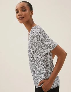 Best Pirce 👍 M&S Collection Tops Printed V-Neck Puff Sleeve Top ✨ -New In Womens Sales 2022 SD 01 T43 5909 Z4 X EC 2