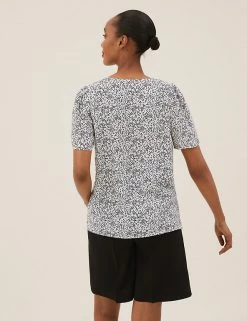 Best Pirce 👍 M&S Collection Tops Printed V-Neck Puff Sleeve Top ✨ -New In Womens Sales 2022 SD 01 T43 5909 Z4 X EC 3