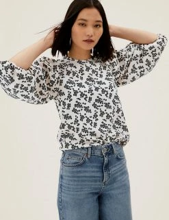Top 10 🥰 M&S Collection Tops Floral Blouson Sleeve Top 🔥 -New In Womens Sales 2022 SD 01 T43 5963 Y8 X EC 1