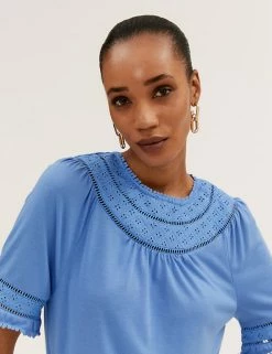 Best reviews of 🎁 M&S Collection Women Regular Fit Lace Insert Short Sleeve Top 💯 -New In Womens Sales 2022 SD 01 T43 7091 OT X EC 0
