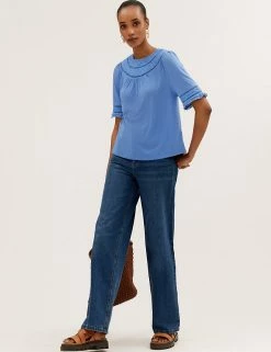 Best reviews of 🎁 M&S Collection Women Regular Fit Lace Insert Short Sleeve Top 💯 -New In Womens Sales 2022 SD 01 T43 7091 OT X EC 1