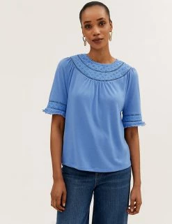 Best reviews of 🎁 M&S Collection Women Regular Fit Lace Insert Short Sleeve Top 💯 -New In Womens Sales 2022 SD 01 T43 7091 OT X EC 3