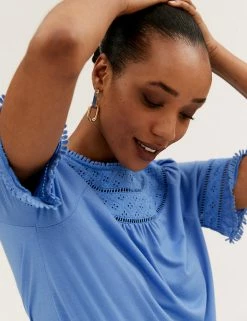 Best reviews of 🎁 M&S Collection Women Regular Fit Lace Insert Short Sleeve Top 💯 -New In Womens Sales 2022 SD 01 T43 7091 OT X EC 4