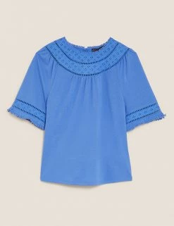 Best reviews of 🎁 M&S Collection Women Regular Fit Lace Insert Short Sleeve Top 💯 -New In Womens Sales 2022 SD 01 T43 7091 OT X EC 90