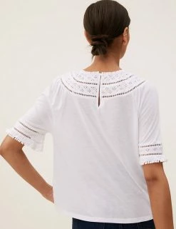 Best reviews of 🎁 M&S Collection Women Regular Fit Lace Insert Short Sleeve Top 💯 -New In Womens Sales 2022 SD 01 T43 7091 P6 X EC 2