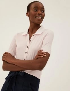 Hot Sale 🤩 M&S Collection Tops Ribbed Collared Short Sleeve Top 🌟