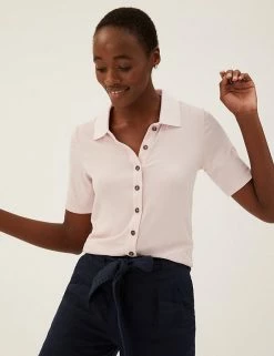 Hot Sale 🤩 M&S Collection Tops Ribbed Collared Short Sleeve Top 🌟 -New In Womens Sales 2022 SD 01 T43 7129 A1 X EC 2