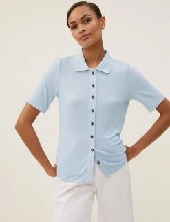 Hot Sale 🤩 M&S Collection Tops Ribbed Collared Short Sleeve Top 🌟 -New In Womens Sales 2022 SD 01 T43 7129 QE X EC 0