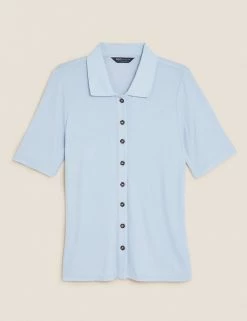 Hot Sale 🤩 M&S Collection Tops Ribbed Collared Short Sleeve Top 🌟 -New In Womens Sales 2022 SD 01 T43 7129 QE X EC 90