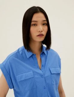 Outlet 🤩 M&S Collection 👚 Shirts & Blouses Collared Regular Fit Short Sleeve 👚 Shirt ⌛ -New In Womens Sales 2022 SD 01 T43 7416 OT X EC 1