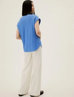 Outlet 🤩 M&S Collection 👚 Shirts & Blouses Collared Regular Fit Short Sleeve 👚 Shirt ⌛ -New In Womens Sales 2022 SD 01 T43 7416 OT X EC 2