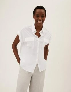 Outlet 🤩 M&S Collection 👚 Shirts & Blouses Collared Regular Fit Short Sleeve 👚 Shirt ⌛ -New In Womens Sales 2022 SD 01 T43 7416 P6 X EC 0