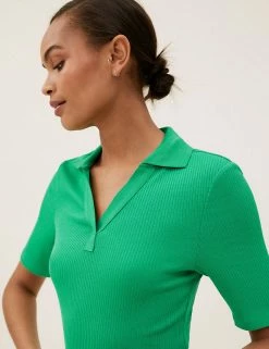 Best deal 🤩 M&S Collection Tops Ribbed Collared Regular Fit Half Sleeve Top 🌟 -New In Womens Sales 2022 SD 01 T43 7469 F5 X EC 0