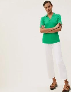 Best deal 🤩 M&S Collection Tops Ribbed Collared Regular Fit Half Sleeve Top 🌟 -New In Womens Sales 2022 SD 01 T43 7469 F5 X EC 1