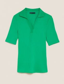 Best deal 🤩 M&S Collection Tops Ribbed Collared Regular Fit Half Sleeve Top 🌟 -New In Womens Sales 2022 SD 01 T43 7469 F5 X EC 90