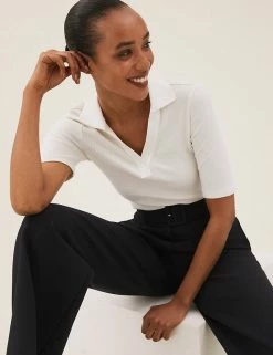 Best deal 🤩 M&S Collection Tops Ribbed Collared Regular Fit Half Sleeve Top 🌟 -New In Womens Sales 2022 SD 01 T43 7469 K1 X EC 0