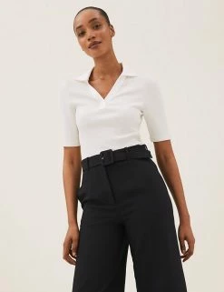 Best deal 🤩 M&S Collection Tops Ribbed Collared Regular Fit Half Sleeve Top 🌟 -New In Womens Sales 2022 SD 01 T43 7469 K1 X EC 1