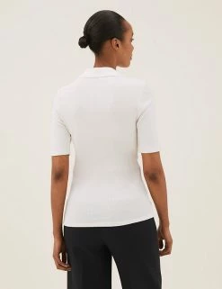 Best deal 🤩 M&S Collection Tops Ribbed Collared Regular Fit Half Sleeve Top 🌟 -New In Womens Sales 2022 SD 01 T43 7469 K1 X EC 3
