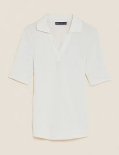 Best deal 🤩 M&S Collection Tops Ribbed Collared Regular Fit Half Sleeve Top 🌟 -New In Womens Sales 2022 SD 01 T43 7469 K1 X EC 90