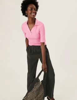 Best deal 🤩 M&S Collection Tops Ribbed Collared Regular Fit Half Sleeve Top 🌟 -New In Womens Sales 2022 SD 01 T43 7469 UJ X EC 1