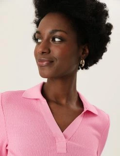 Best deal 🤩 M&S Collection Tops Ribbed Collared Regular Fit Half Sleeve Top 🌟 -New In Womens Sales 2022 SD 01 T43 7469 UJ X EC 2