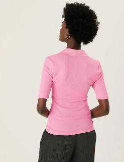 Best deal 🤩 M&S Collection Tops Ribbed Collared Regular Fit Half Sleeve Top 🌟 -New In Womens Sales 2022 SD 01 T43 7469 UJ X EC 4