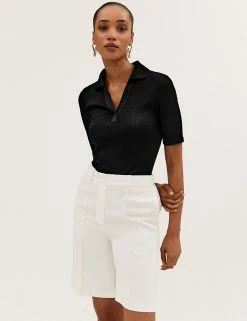 Best deal 🤩 M&S Collection Tops Ribbed Collared Regular Fit Half Sleeve Top 🌟 -New In Womens Sales 2022 SD 01 T43 7469 Y0 X EC 1