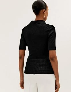Best deal 🤩 M&S Collection Tops Ribbed Collared Regular Fit Half Sleeve Top 🌟 -New In Womens Sales 2022 SD 01 T43 7469 Y0 X EC 3