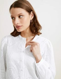 Coupon 🧨 Autograph 👚 Shirts & Blouses Pure Cotton Broderie Collarless Blouse ❤️ -New In Womens Sales 2022 SD 01 T50 2033T P6 X EC 1